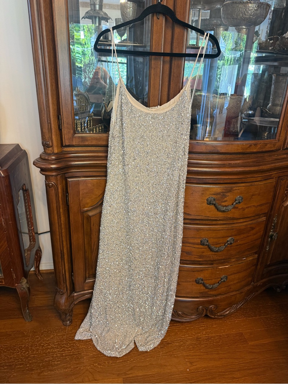 Zara Silver Sequin Slip Dress with Spaghetti Straps
